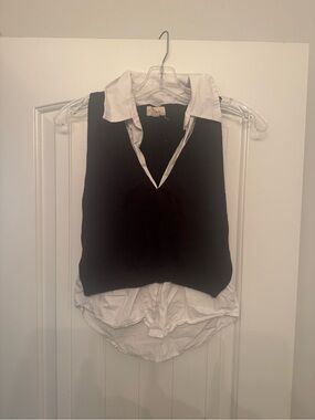 Classic Black Knit Vest Tunic with White Collar - Women's